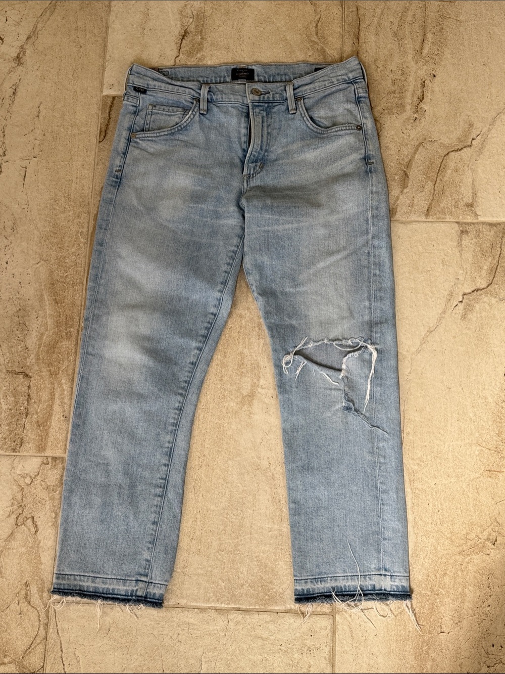 Citizens Of Humanity Light Blue Slim Straight Jeans with Distressed Knee